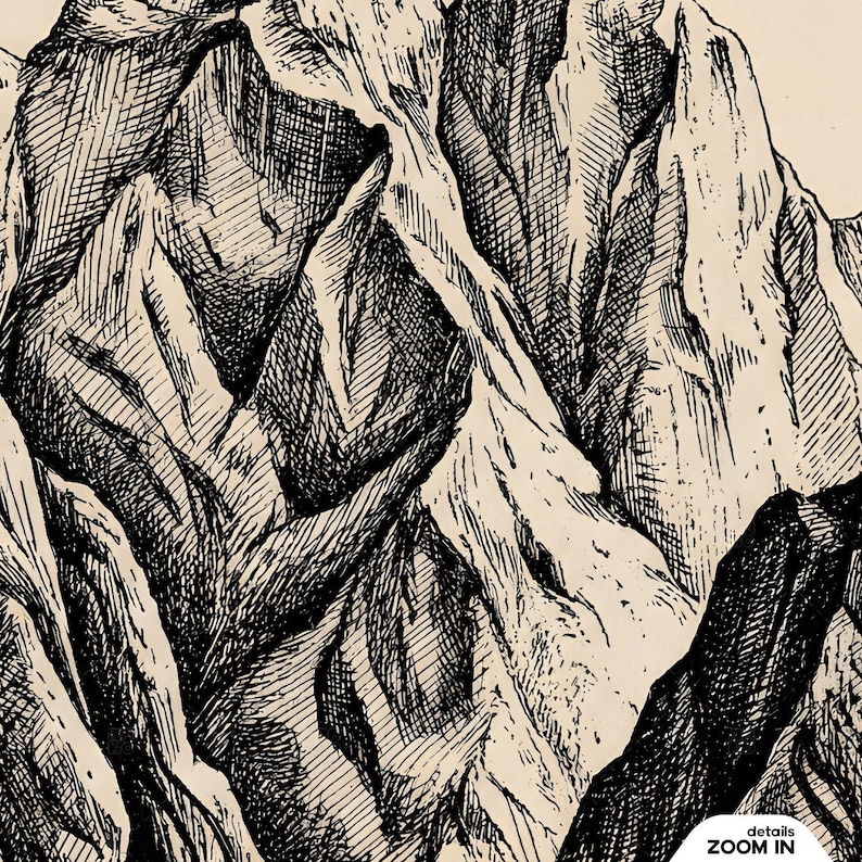 Climb On Mountain Print texture detail closeup showing intricate black ink cross-hatching technique, vintage mountain illustration with dramatic shading and detailed line work on beige paper