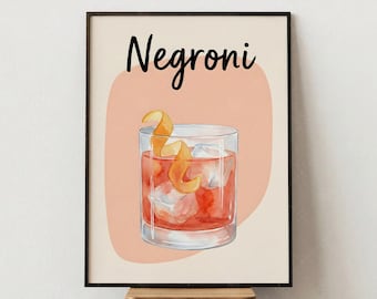 Negroni Cocktail Print, Orange Pink Bar Wall Art, Kitchen Decor Poster, Drink Illustration