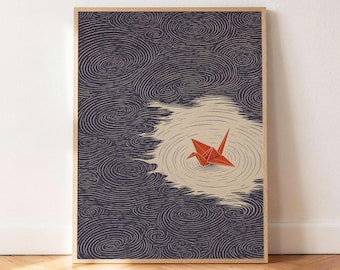 Origami Crane Poster, Japanese Wall Art, Paper Crane Ukiyo E Print, Woodblock Purple Decor, Zen Nursery Gift