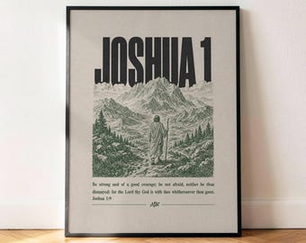 Joshua 1 9 Poster, Be Strong And Courageous Wall Art, Vintage Bible Verse Print, Mountain Scripture Decor, Faith Gift