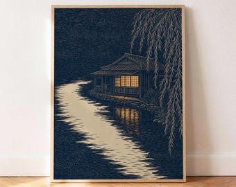 Póster de casa de té, arte mural japonés, grabado Ukiyo E de Willow River, decoración nocturna en madera, regalo acogedor para el dormitorio.
