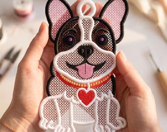 Stickmuster für ein französisches Bulldoggen-Ornament (FSL), freistehendes Spitzen-Hundeornament, Stickdatei für Stickmaschinen, Geschenk für Tierliebhaber, digitaler Download