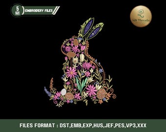 Floral Easter Bunny Machine Embroidery Design, Applique Pattern (Instant Download)