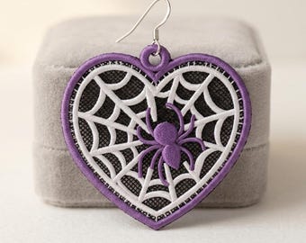 FSL Spider Web Heart Earrings Embroidery Design, Freestanding Lace Halloween Earrings, Gothic Heart Machine Embroidery Pattern