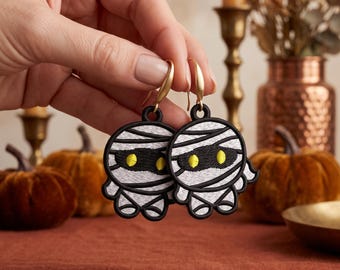FSL Mummy Halloween Earring Embroidery Design, Cute Spooky Earrings Machine Embroidery Pattern, Instant Digital Download, Sewing File