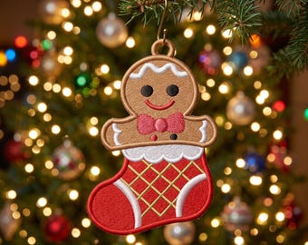 FSL Gingerbread Stocking Ornament Embroidery Design, Christmas Machine Embroidery Pattern, Freestanding Holiday Ornament, Instant Download