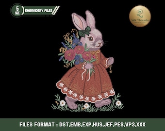Vintage Easter Bunny Embroidery Design: Floral Rabbit Machine File (Digital Download)