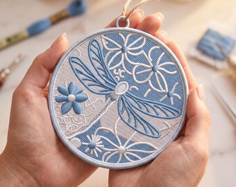 FSL Dragonfly Circle Embroidery Design, Freestanding Lace Window Hanging (Digital Download)
