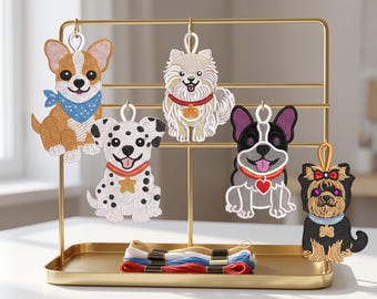 FSL Hunde-Weihnachtsornament-Stickset, freistehende Spitzen-Welpen-Weihnachtsornament-Designs, Pomeranian, Yorkshire Terrier, Dalmatiner, Chihuahua, Bulldogge