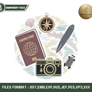 May include: An embroidery design featuring travel-themed elements. A passport with the word "ADVENTURE", a compass, a camera, a suitcase, a seashell, and an airplane are included in the design. The design is on a white background.