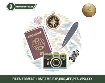 Neon Travel Embroidery Design Set, Adventure Icons (Digital Download
