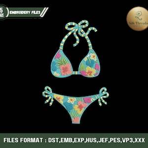 May include: A turquoise bikini embroidery design with floral patterns in pink, yellow, and orange. The top and bottom are adorned with bows. The image includes the text "EMBROIDERY FILES" and "FILES FORMAT: DST, EMB, EXP, HUS, JEF, PES, VP3,XXX".