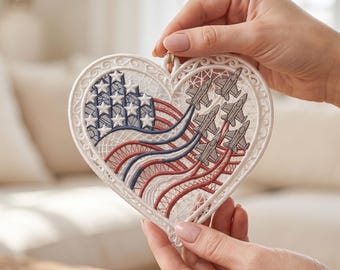 Fighter Jet Heart Ornament, Freestanding Lace Embroidery Design (Digital Download)