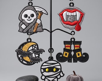 FSL Halloween Earrings Bundle, 5 Machine Embroidery Designs, Witch Boots, Vampire Fangs, Grim Reaper, Mummy, Moon Bats