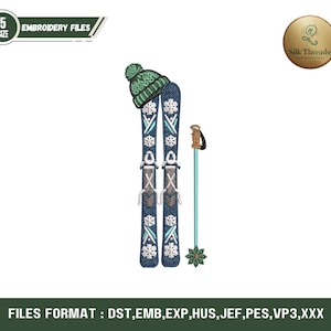 May include: An embroidered design featuring a green and blue winter ski set with a matching knit cap. The skis are navy blue with white snowflake and geometric patterns. A single ski pole is also included. The text "EMBROIDERY FILES" is visible.