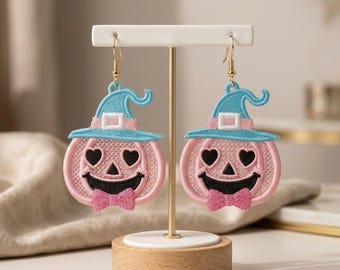 FSL Pumpkin Witch Earrings Embroidery Design: Halloween Lace Jewelry (Digital Download)