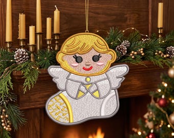 Angel Stocking Ornament Embroidery Design, Christmas FSL Machine Embroidery Pattern, Religious Holiday Ornament, Instant Digital Download