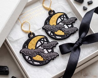 Moon Bats FSL Earring Embroidery Design, Halloween Bat Jewelry Machine Embroidery Pattern, Lace Earrings Digital Download, Instant File