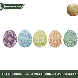 May include: Five embroidered Easter egg designs in purple, blue, green, orange, and teal. Each egg features a unique pattern, including floral, geometric, and textured details. The image includes the text "EMBROIDERY FILES".