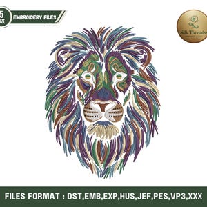May include: A colorful embroidery file design of a lion's head. The lion's mane is a mix of blue, green, and purple. The image includes the text "5 SIZE EMBROIDERY FILES" and "Silk Threadss". The file formats are listed at the bottom.