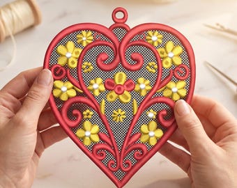 Floral Heart Freestanding Lace Embroidery Design, FSL Earrings Pattern (Digital Download)