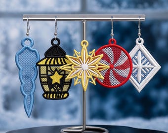 FSL Weihnachtsohrring-Set, 5 weihnachtliche Stickmuster, Spitzenohrringe, digitale Datei für Winterschmuck