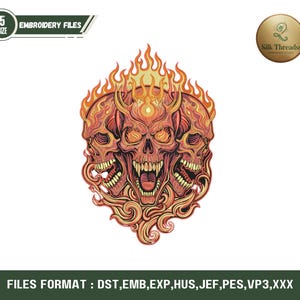 Puede incluir: Diseño de bordado detallado con tres calaveras con llamas en tonos rojos, naranjas y amarillos. El diseño incluye el texto "EMBROIDERY FILES" y "5 SIZE".