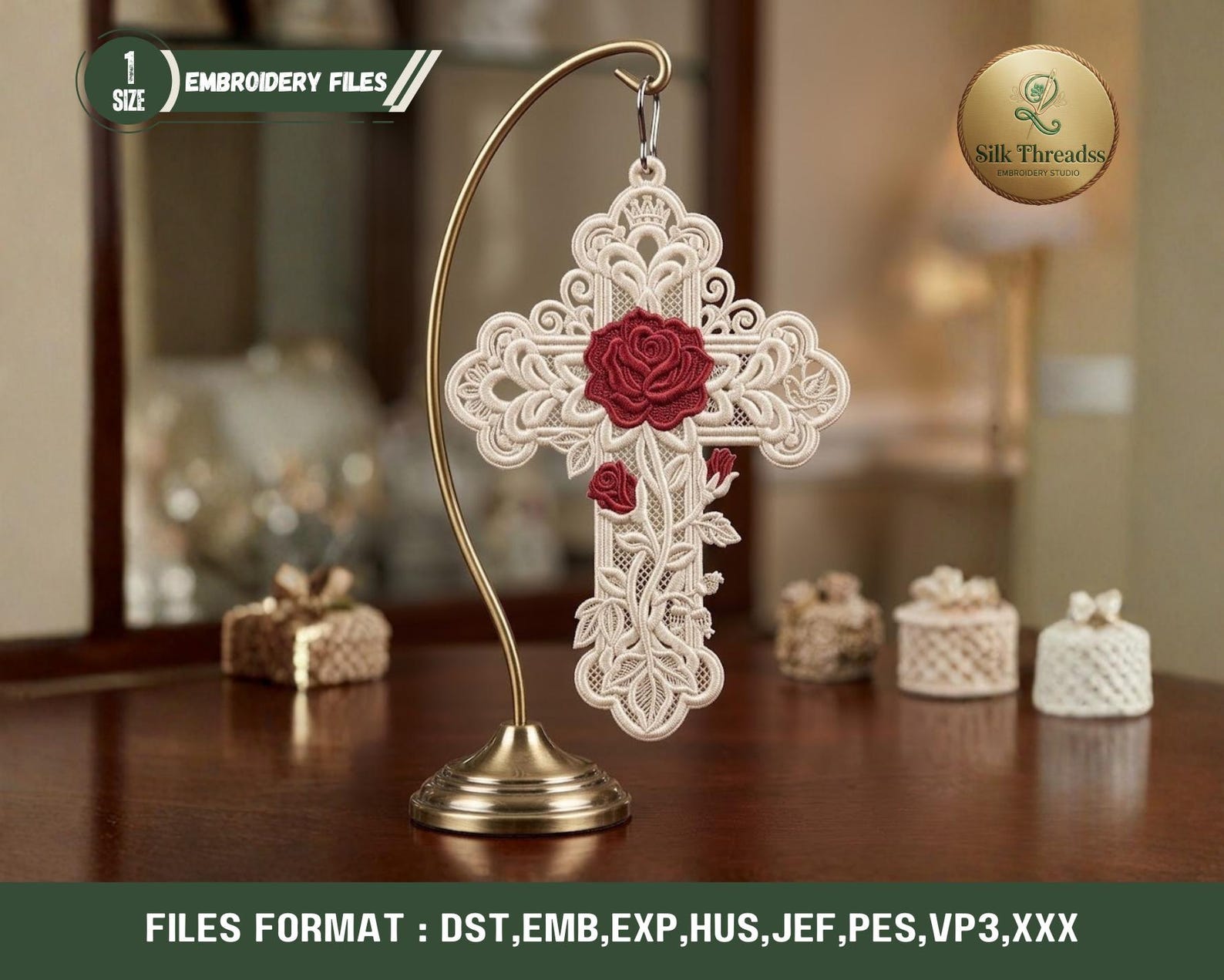 Free Standing Lace Rose Cross Embroidery Design, Religious Ornament FSL ...