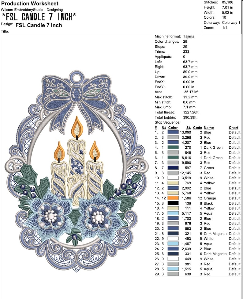 Puede incluir: Dise&ntilde;o bordado con tres velas con llamas naranjas, rodeado por un marco floral azul y ornamentado. El dise&ntilde;o incluye el texto "FSL CANDLE 7 INCH".