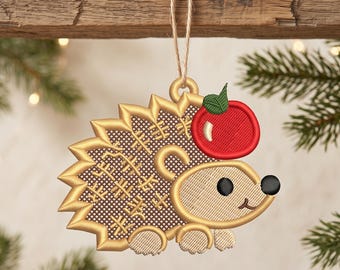 FSL Hedgehog Ornament Machine Embroidery Design, Freestanding Lace Woodland Animal Decor, Autumn Fall Hanging Ornament Digital Download