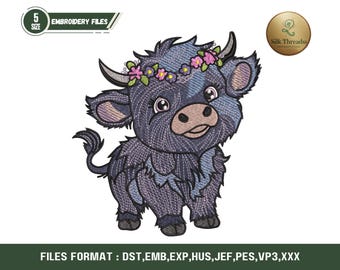 Highland Kuh Maschinenstickerei, Niedliches Baby Bauernhof Tier Stickdatei, Stickdatei für Kinder Babyprojekte und Valentinstag PES Digitaler Download