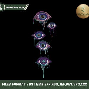 Puede incluir: Diseño de archivo de bordado con cinco ojos estilizados con detalles goteantes en tonos morados, azules y verdes sobre un fondo negro. El diseño incluye el texto "5 SIZE EMBROIDERY FILES" y "Silk Threadss".