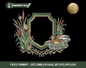 Mallard Duck Crest Embroidery Design, Rustic Hunting Banner Frame, Machine File
