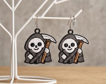 Halloween Grim Reaper Earring FSL Embroidery Design, Spooky Skull Earrings, Machine Embroidery Pattern, Digital Download File