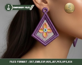 Diseño de pendientes bordados FSL con diseño de encaje floral de diamantes para bordado a máquina, descarga digital instantánea.