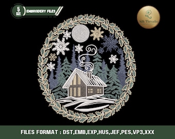 Snowy Cabin Winter Embroidery Design | Cozy Home in Woods Machine Embroidery Patterns | Instant Download for Quilts, Towels & Placemats