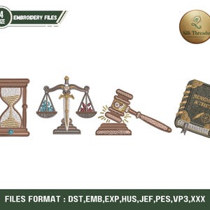 Puede incluir: Archivos de bordado con diseños temáticos de justicia. Incluye un reloj de arena, una balanza con una espada, un mazo y un libro con el texto "JUDGMENT & TRUTH". Los diseños son en tonos marrones, dorados y azules.