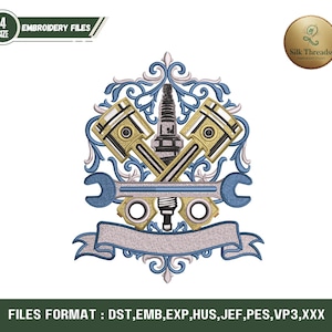 Może przedstawiać: Wzór haftu przedstawiający skrzyżowane tłoki, świecę zapłonową i klucz, z banerem na tekst. Projekt jest w odcieniach złota, niebieskiego i białego, z tekstem "EMBROIDERY FILES" u góry.