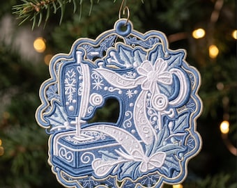 Diseño de bordado para adorno navideño con máquina de coser FSL, encaje en el aro, decoración navideña, archivo digital