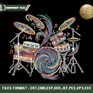 May include: Colorful embroidery design of a drum set on a black background. The drum set features a swirl design in the center and is surrounded by musical notes. The text "EMBROIDERY FILES" and "FILES FORMAT" are also visible.