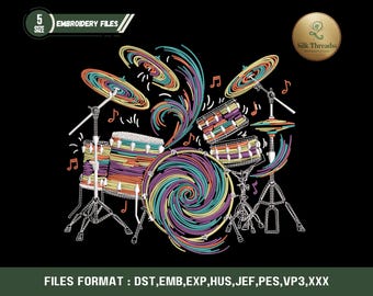 Neon Drum Set Embroidery Design Music Lover Machine Embroidery File Colorful Percussion Pattern for Jackets Hats Bags Apparel Decor Projects