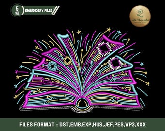 Neon Open Book Embroidery Design Book Lover Reading Theme Machine Embroidery Pattern for Library Readers and Bookworm