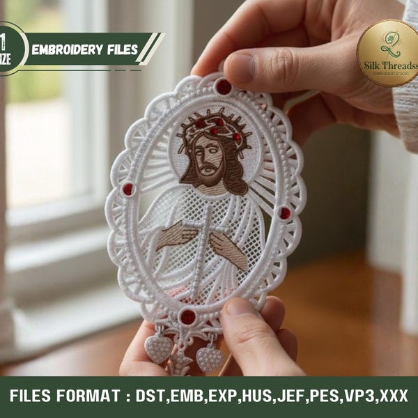 FSL Jesus Ornament Embroidery Design – Free Standing Lace Machine Embroidery for Faith & Nativity Projects