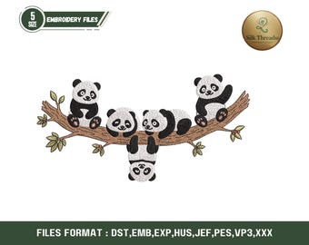 Pandas on Branch Machine Embroidery Design, Animal Pattern (Digital Download