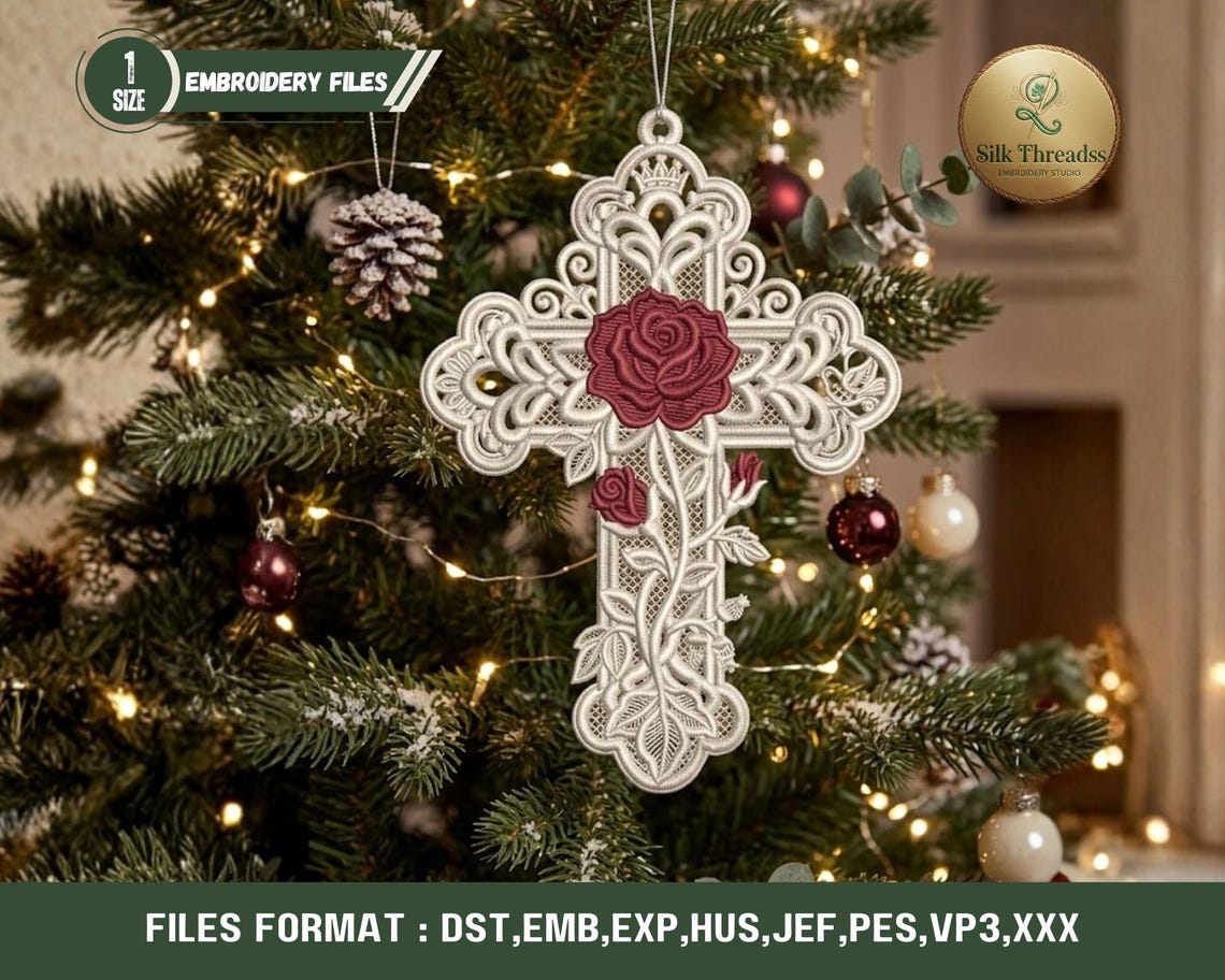 Free Standing Lace Rose Cross Embroidery Design, Religious Ornament FSL ...
