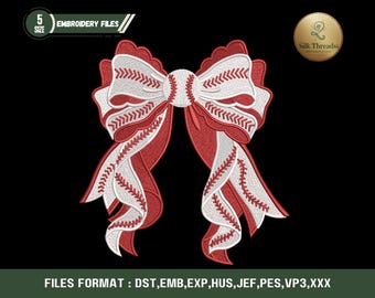 Baseball Bow Embroidery Design, Sports Ribbon Stitch Pattern (Instant Download)