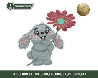 Bunny Chamomile Embroidery Design, Rabbit Floral Applique (Digital Download )