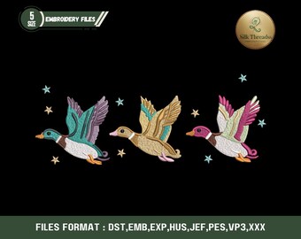 Flying Duck Trio Machine Embroidery Design, Hunting Mallard File, Boy Duck Applique, Instant Download