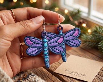 Dragonfly FSL Embroidery Design, Boho Earring Pattern, Machine Embroidery File, Lace Earrings Design, Instant Digital Download