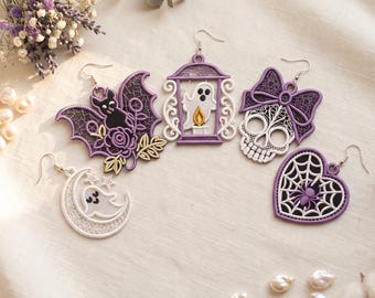 Halloween FSL Ohrring-Set mit 5 Designs: Mond, Geist, Totenkopf, Schleife, Spinnennetz, Herz, Laterne, Geist, lila Fledermaus. Maschinenstickdateien zum Download.
